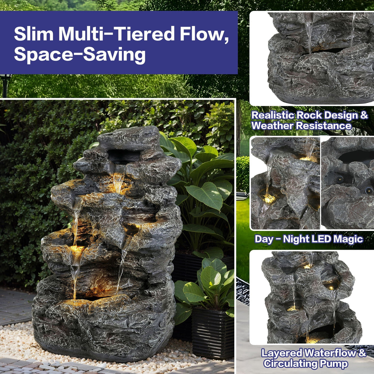 Concrete Rock Waterfall Fountain with LED Lights