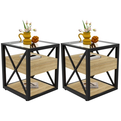 Set of 2 Modern End Tables with Drawer - Nightstands for Bedroom & Living Room