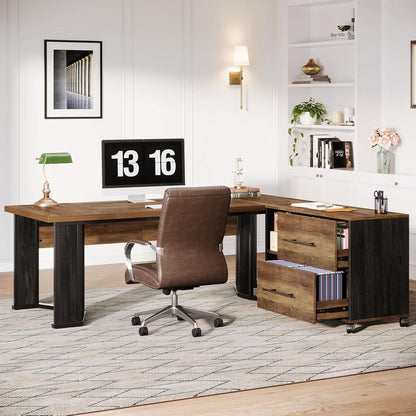 Large L Shaped Executive Desk with Mobile File Cabinet